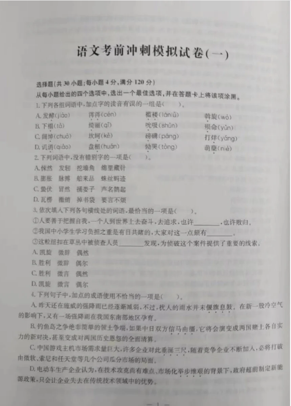 2024年安徽高职分类考试语文冲刺模拟试卷